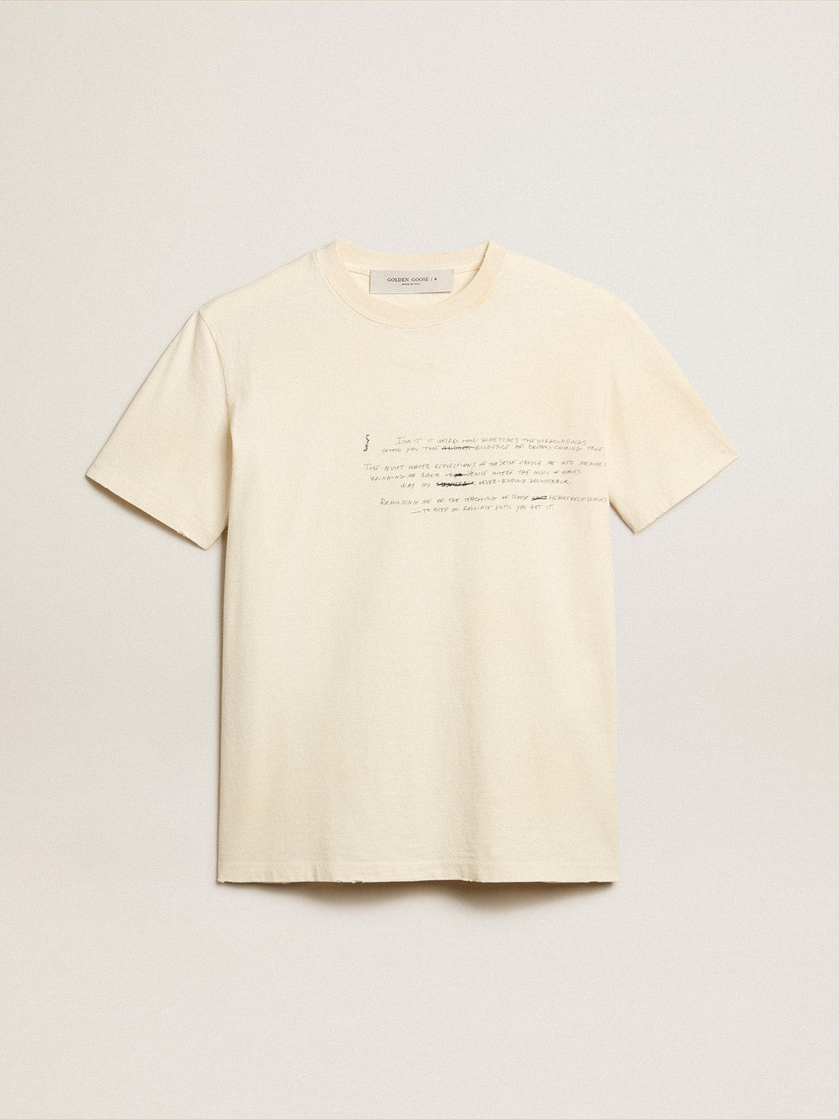 Women's cotton T-shirt in aged white with embroidered lettering| Golden Goose