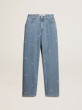 Women's cotton denim pants with floral embroidery| Golden Goose