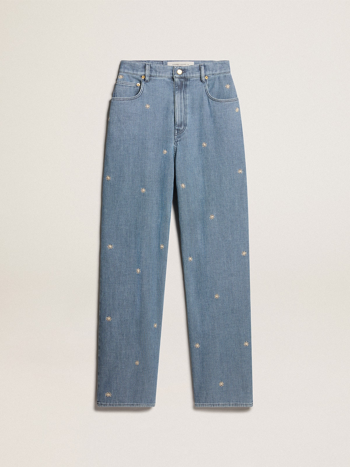 Women's cotton denim pants with floral embroidery| Golden Goose