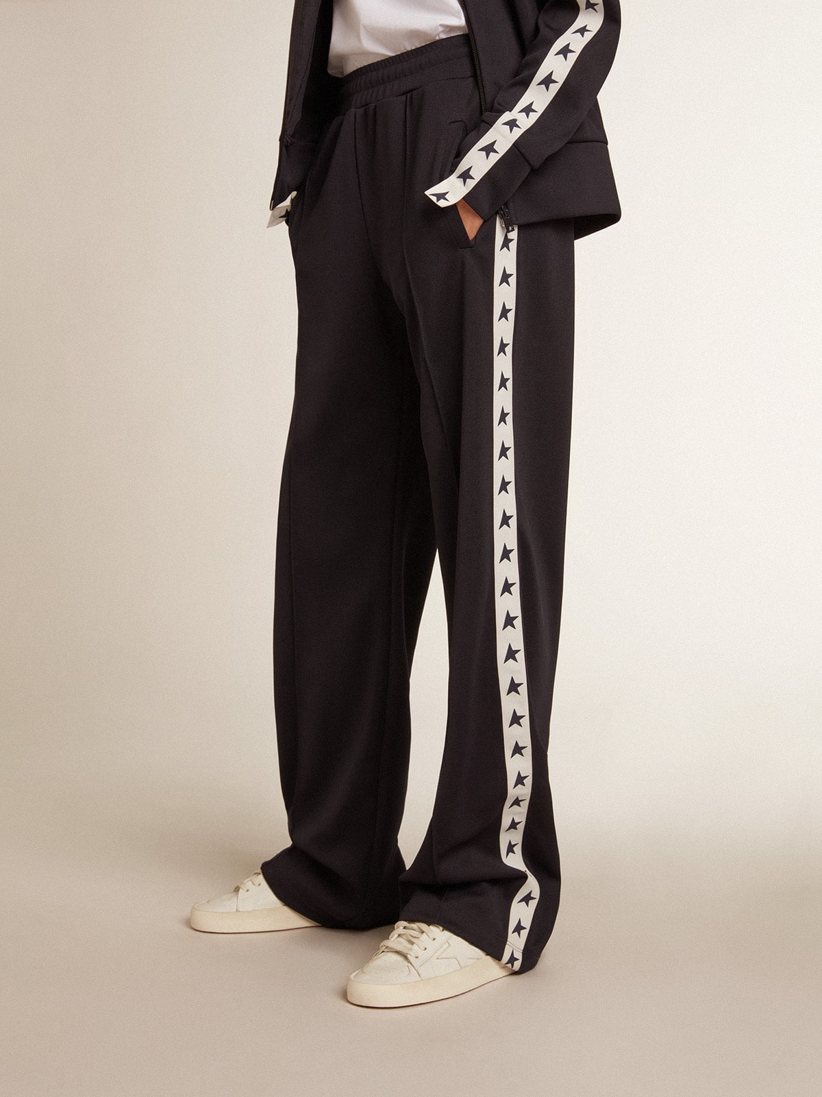 Dark blue joggers with white strip and contrasting stars| Golden Goose