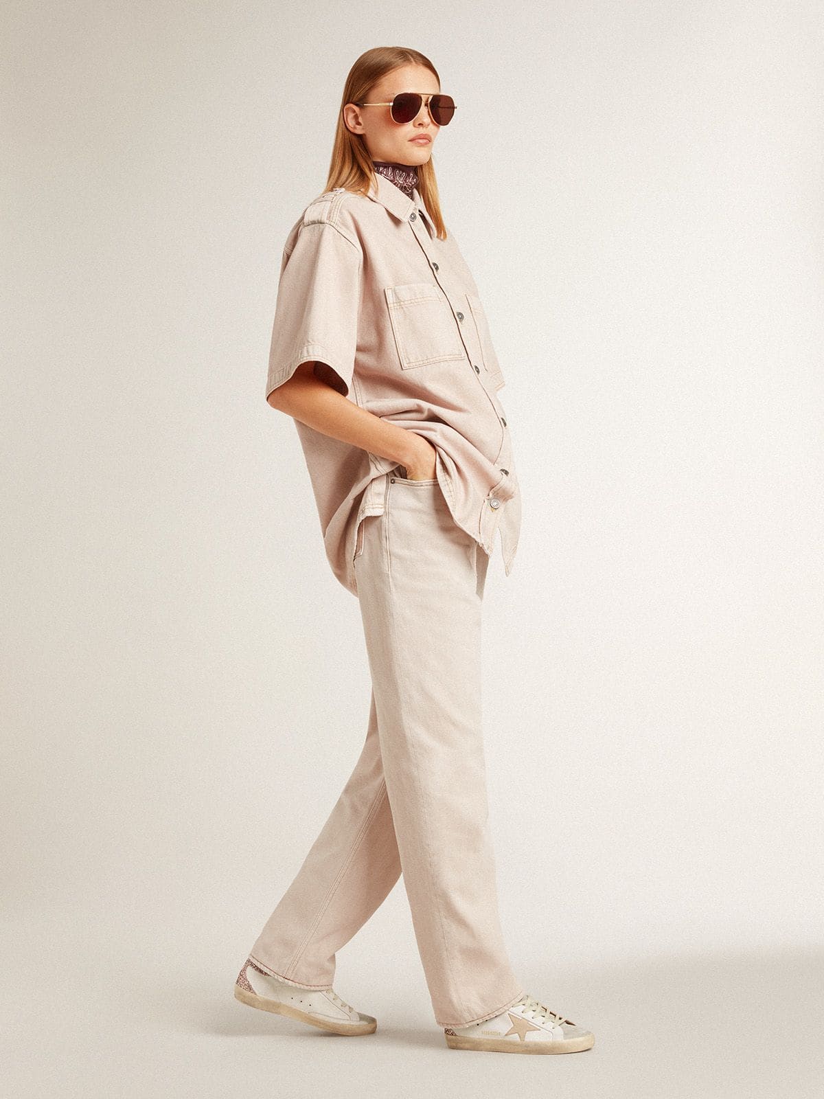 Super-Star with nude leather star and gold glitter heel tab| Golden Goose