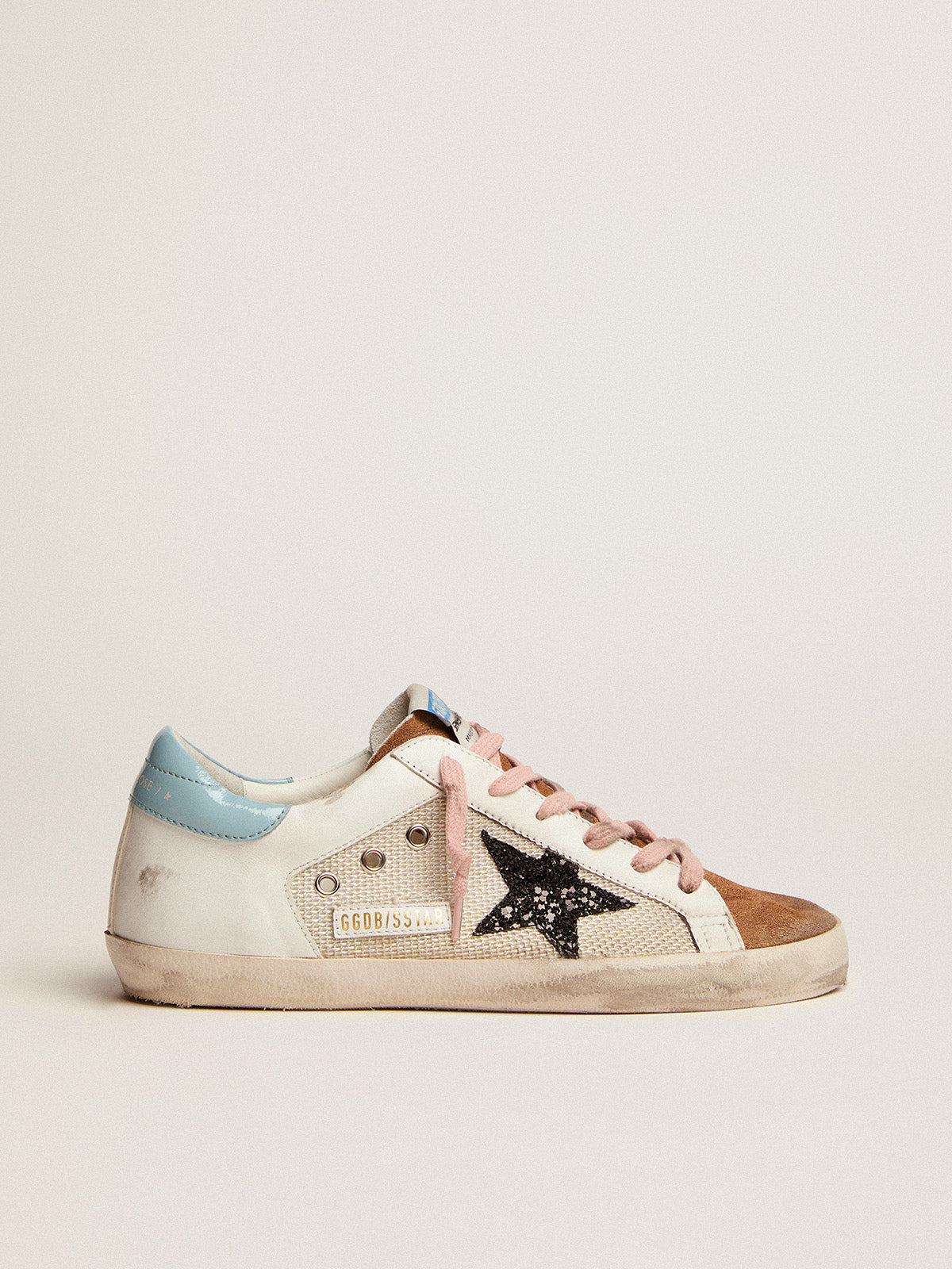 Super-Star sneakers in light gray mesh and white leather with black glitter star| Golden Goose