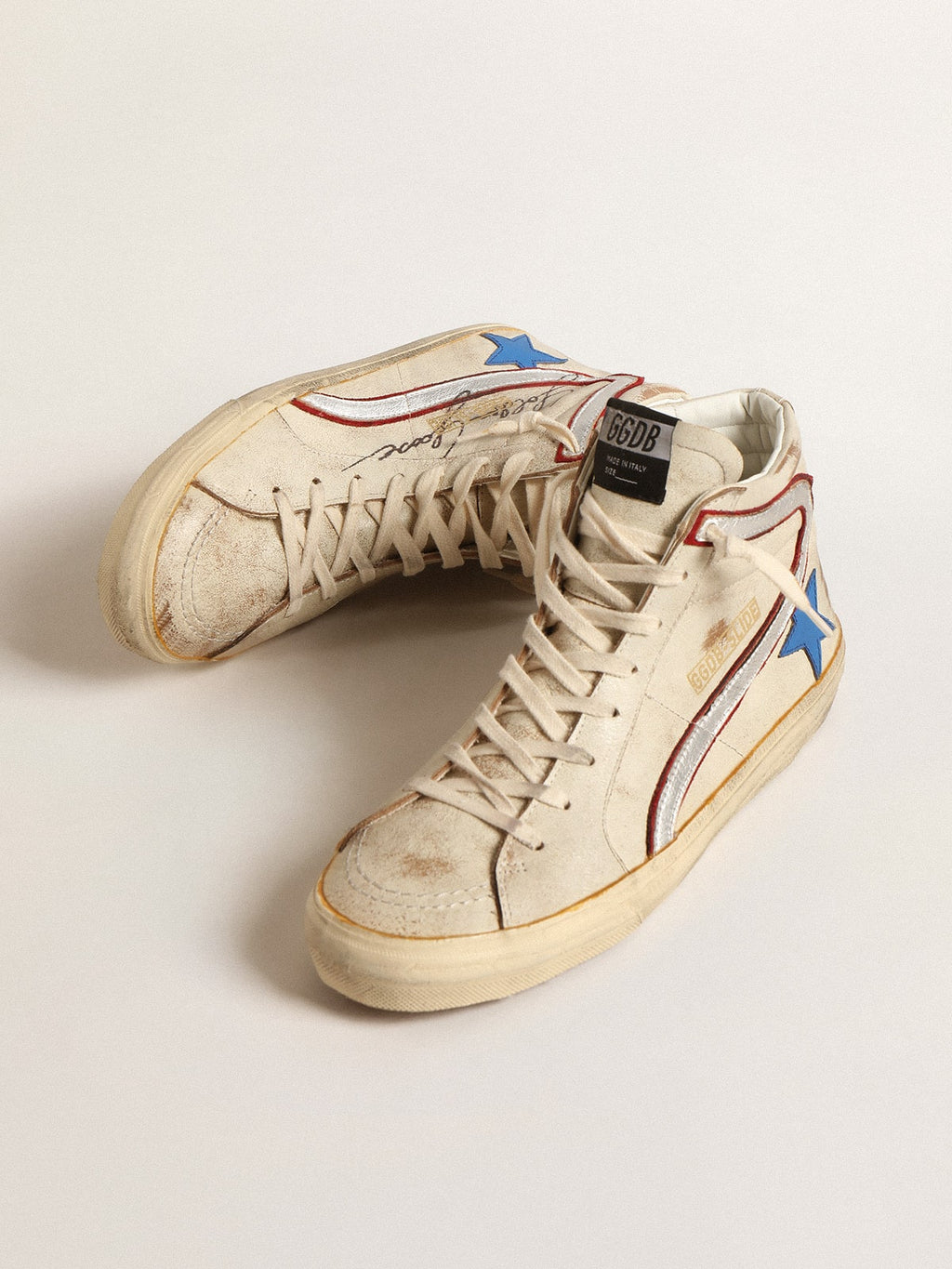 Slide LTD in ecru with bright blue star and silver leather flash| Golden Goose