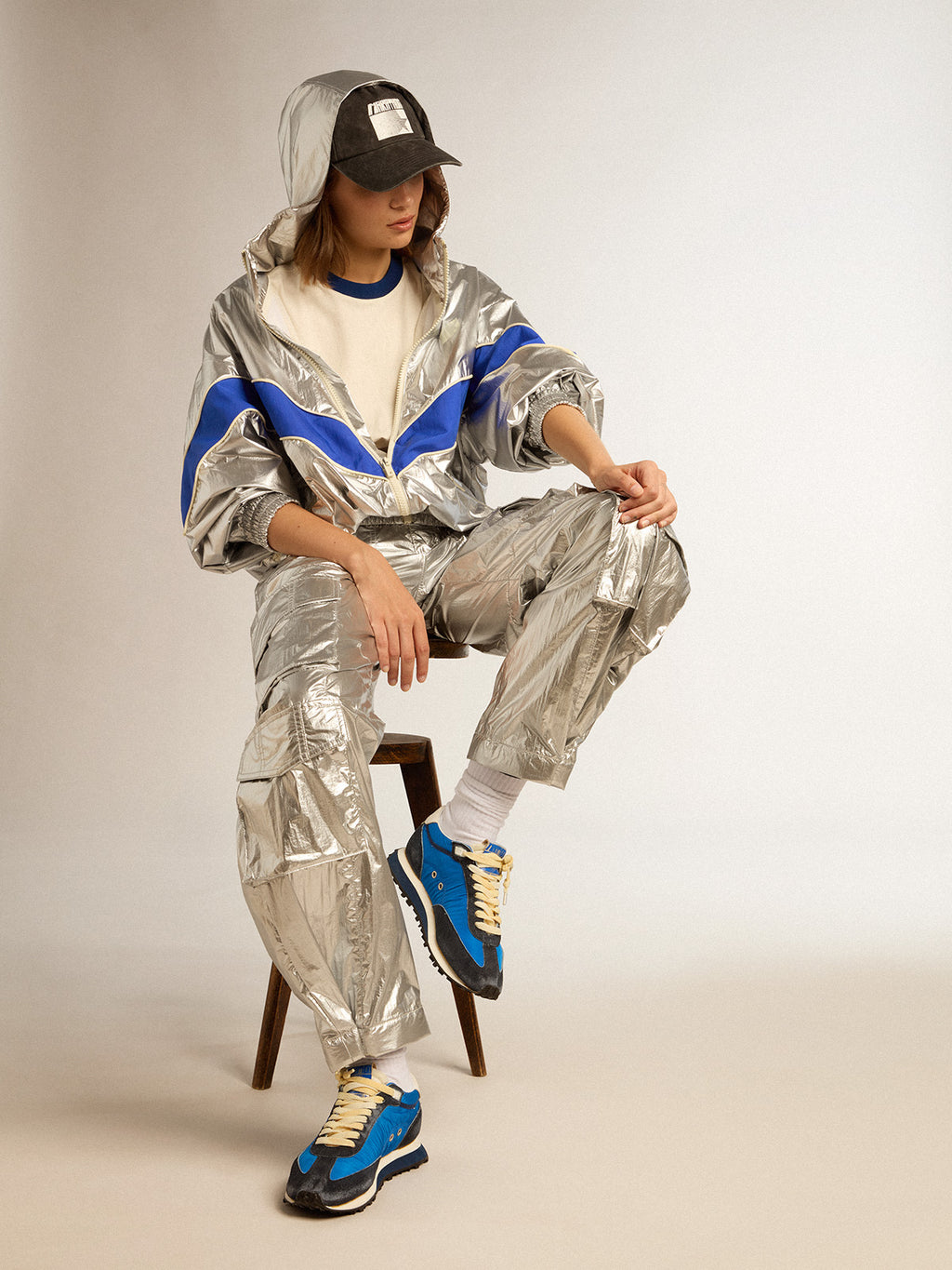 Women's cargo pants in silver technical fabric| Golden Goose