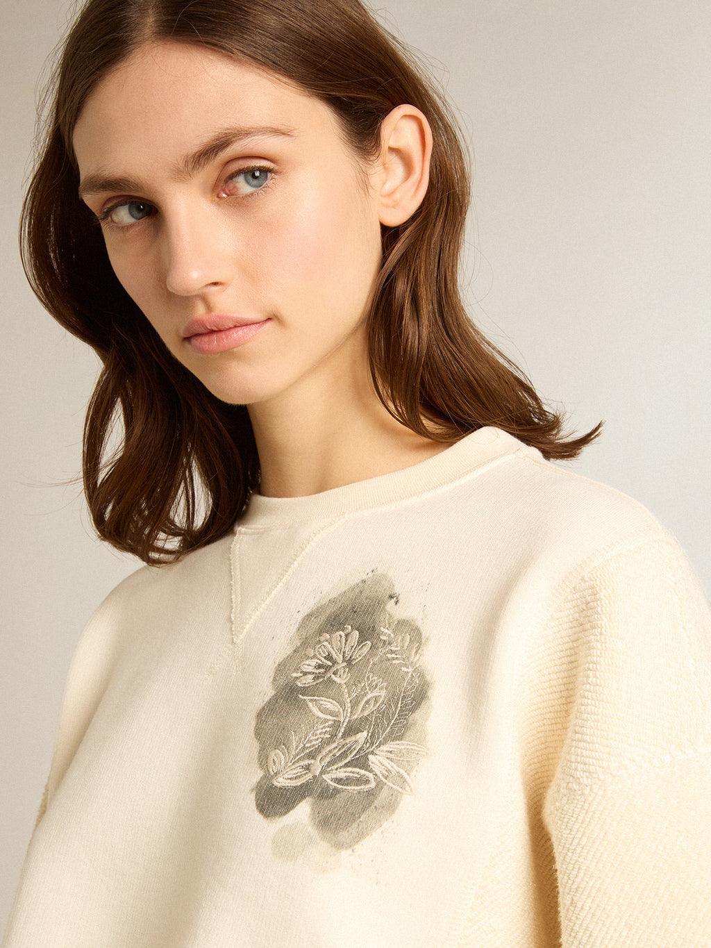 Aged white cotton cropped sweatshirt| Golden Goose
