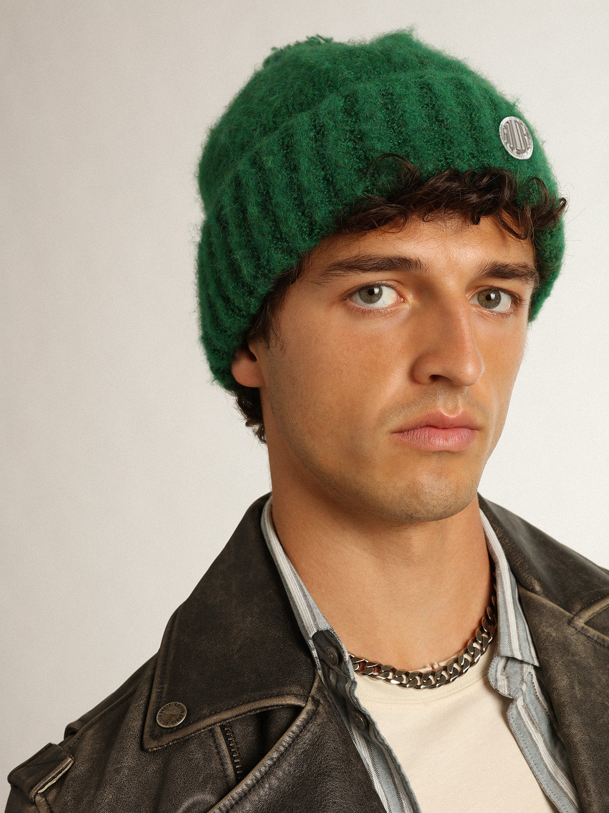 Journey Collection green wool beanie with pompom| Golden Goose