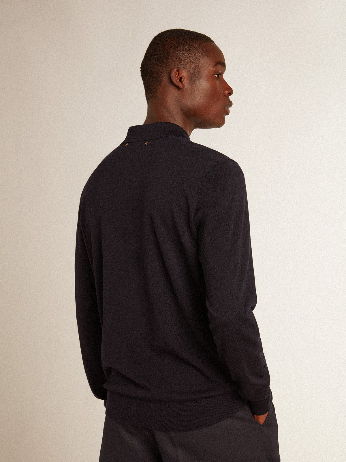 Men's long-sleeved polo shirt in navy-blue merino wool| Golden Goose