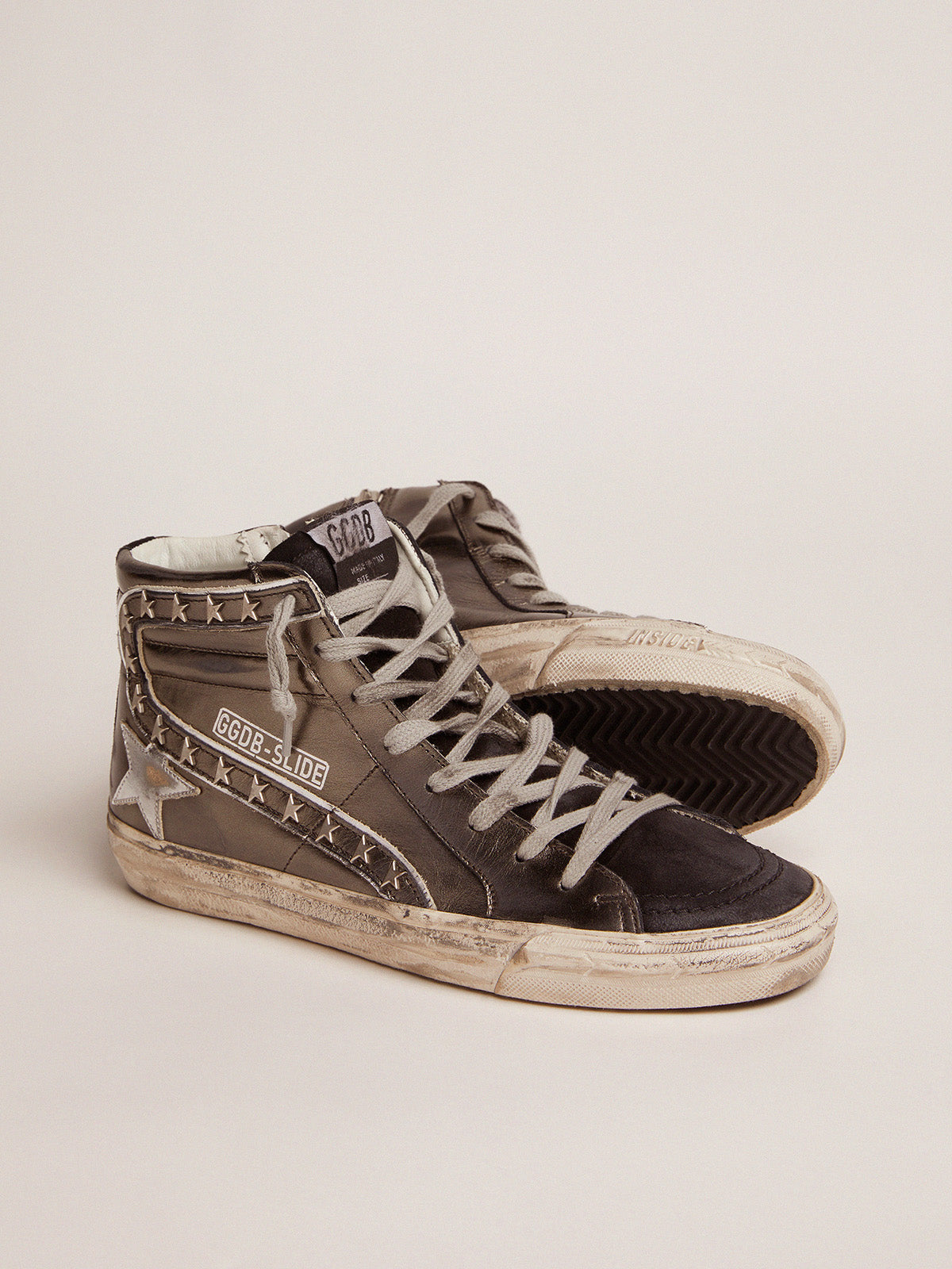 Women's Slide with silver laminated leather upper and studs| Golden Goose