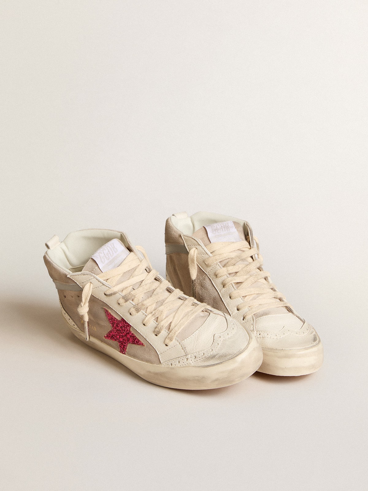 Mid Star in suede with fuchsia glitter star and gray leather flash| Golden Goose