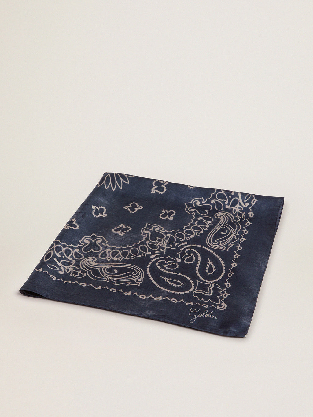 Denim-blue Golden Collection scarf with paisley pattern| Golden Goose