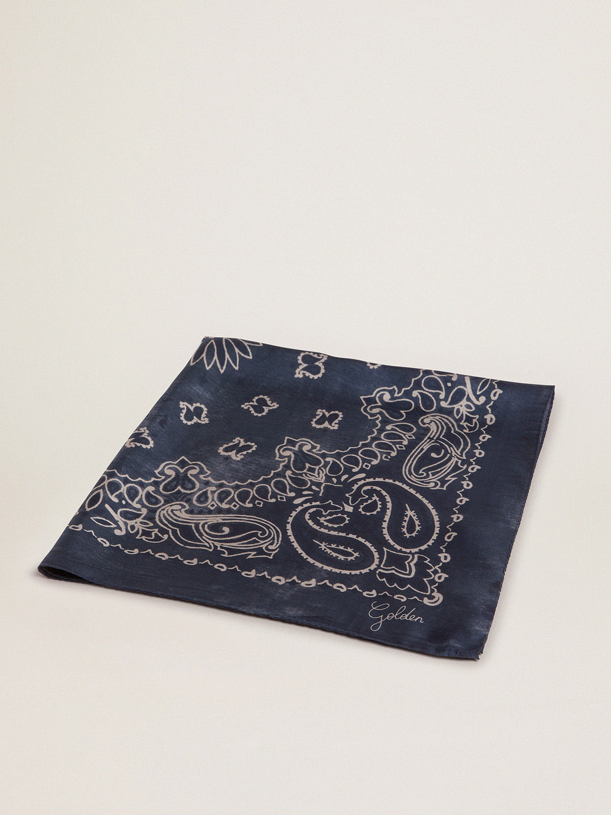 Denim-blue Golden Collection scarf with paisley pattern| Golden Goose