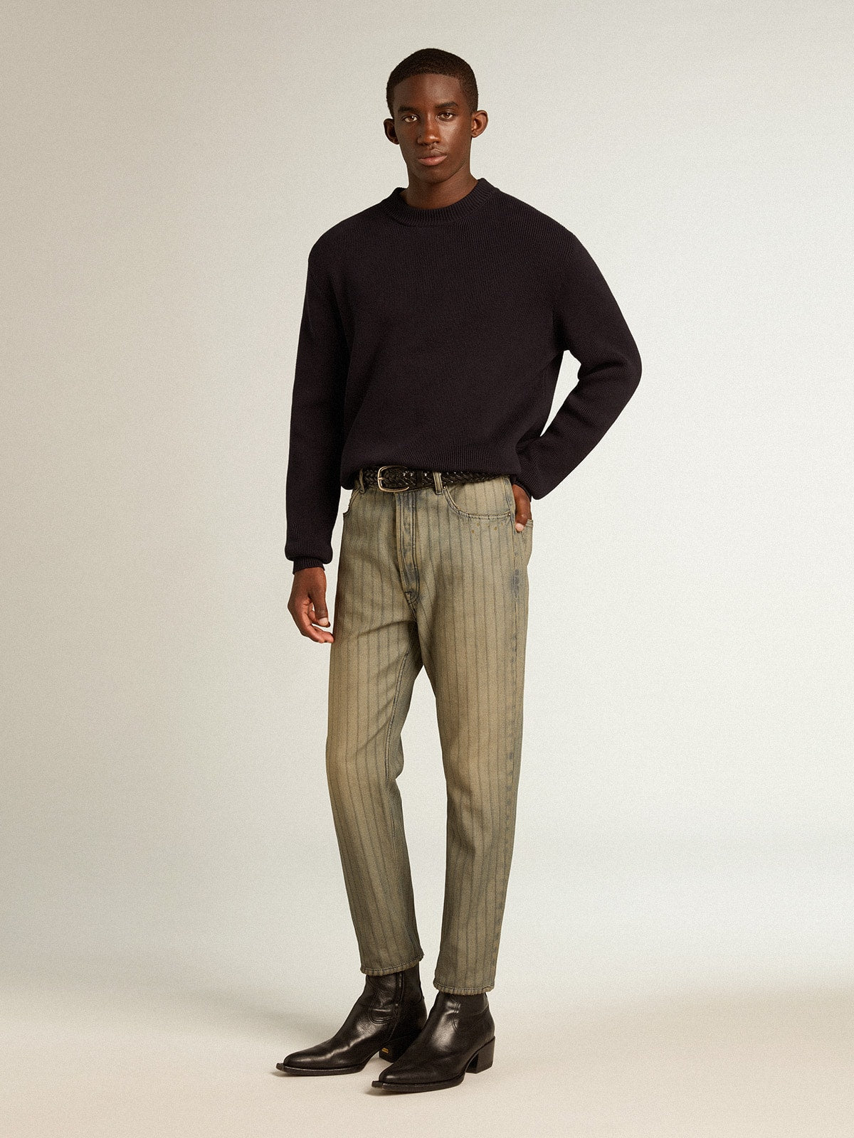 Men's gray pants in striped denim| Golden Goose