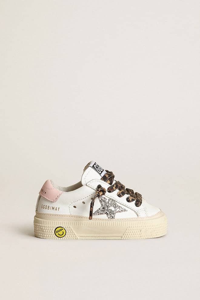 May sneakers with silver glitter star and pink leather heel tab| Golden Goose