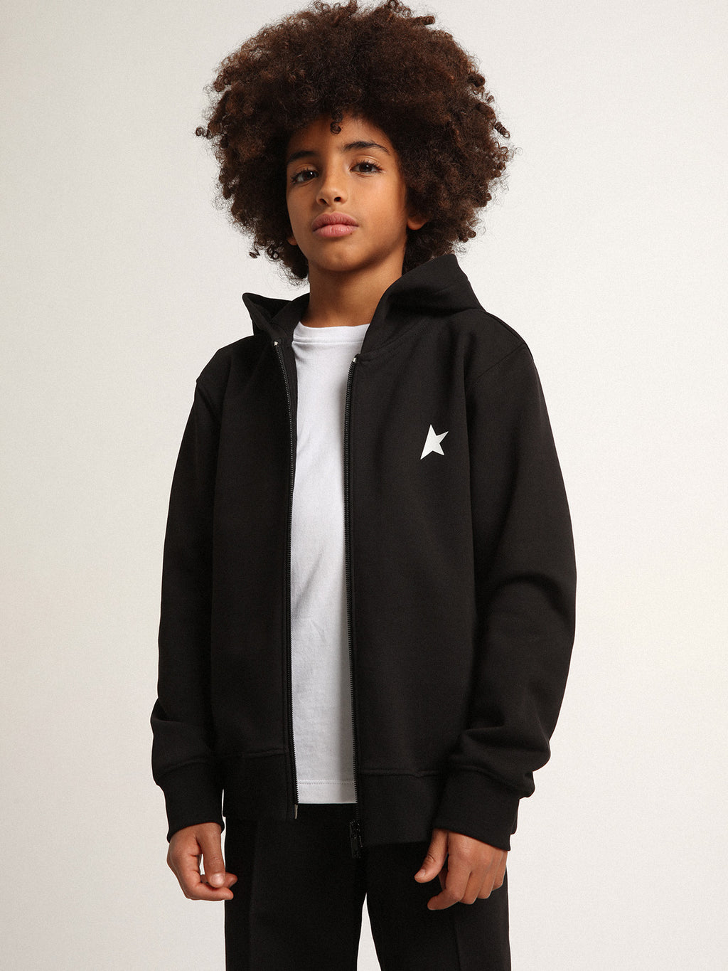 Black hooded sweatshirt with contrasting white star and logo| Golden Goose
