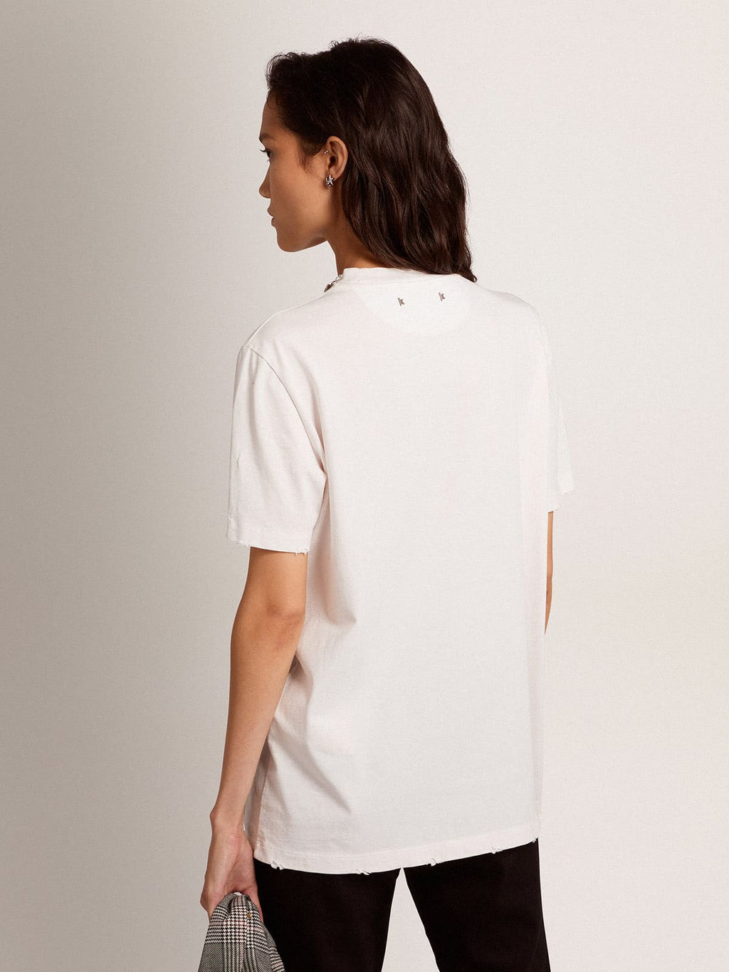 Women's white T-shirt with cabochon crystals| Golden Goose