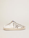 Super-Star Sabots in white leather and gray suede with silver glitter star| Golden Goose