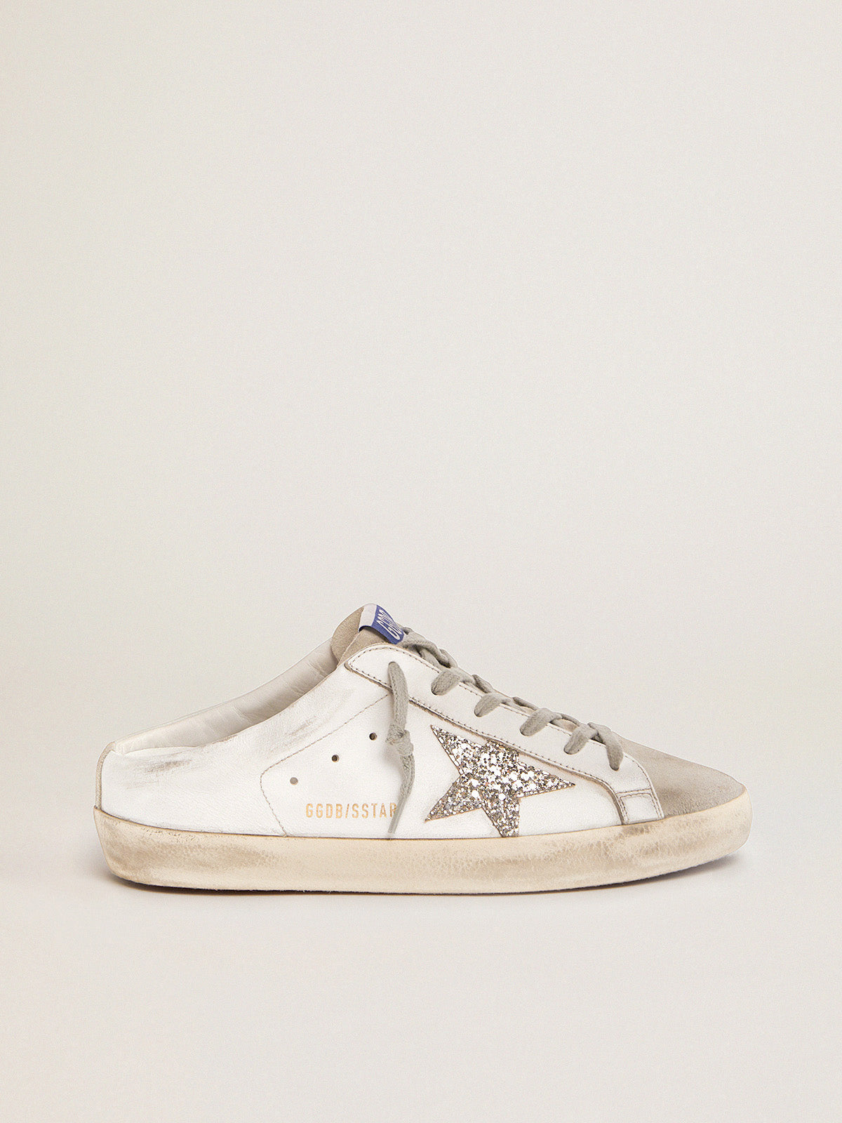 Super-Star Sabots in white leather and gray suede with silver glitter star| Golden Goose