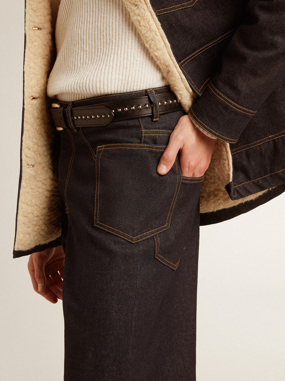 Men's dark blue wide-leg jeans in one-wash denim