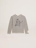 Boys' T-shirt with white and blue stripes and embroidery on the front| Golden Goose