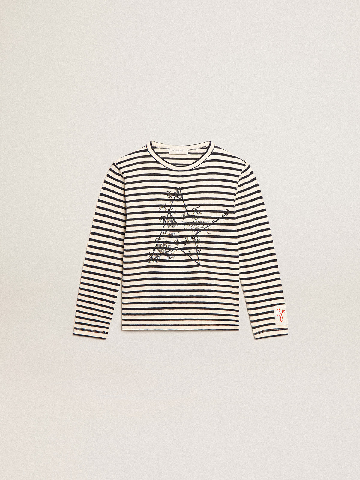 Boys' T-shirt with white and blue stripes and embroidery on the front| Golden Goose