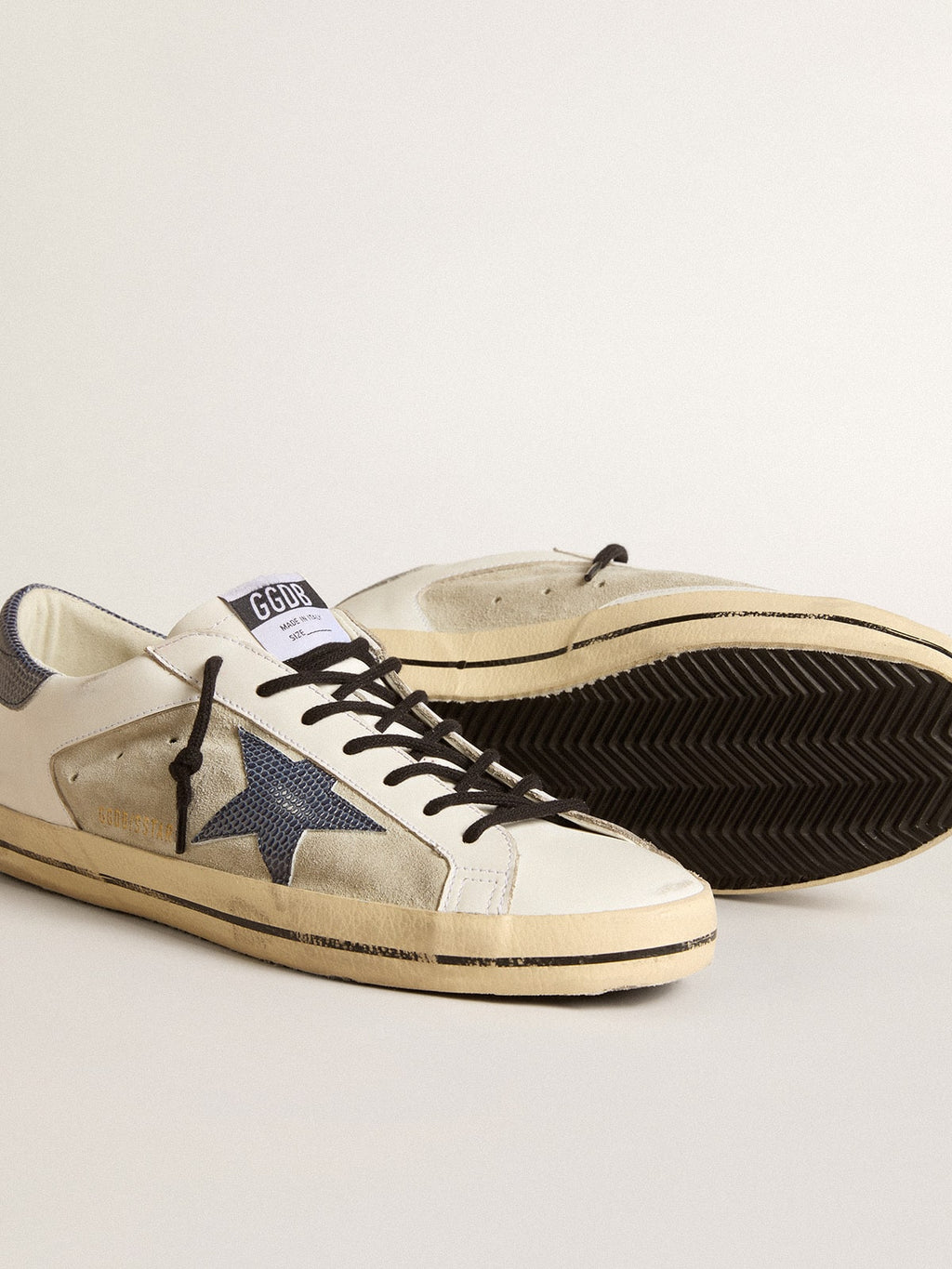 Super-Star in leather and suede with blue lizard-print leather star| Golden Goose