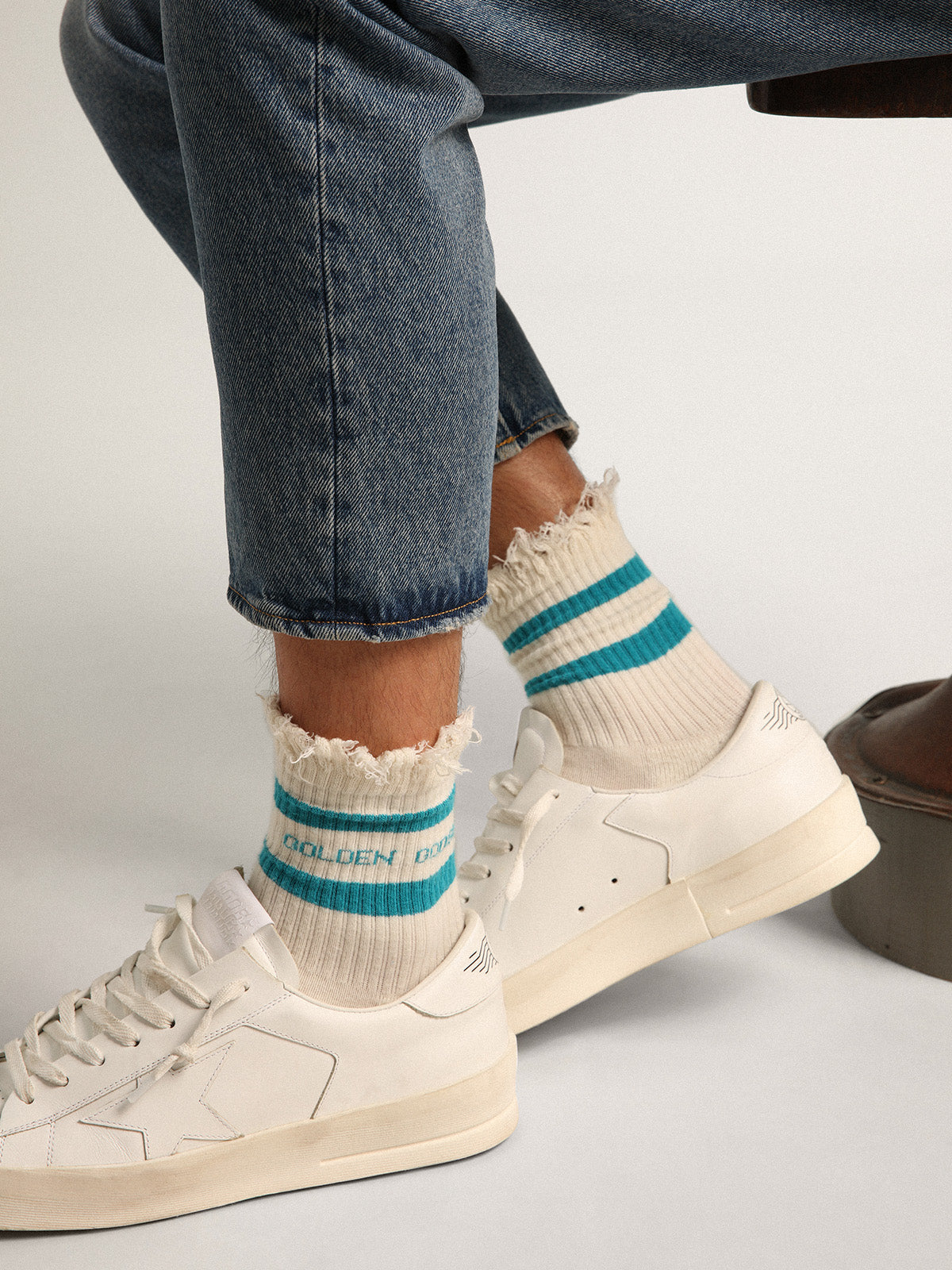 Distressed-finish white socks with turquoise logo and stripes| Golden Goose