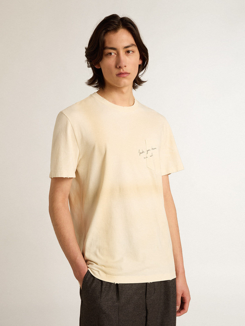 Aged white cotton T-shirt with lettering on the pocket| Golden Goose