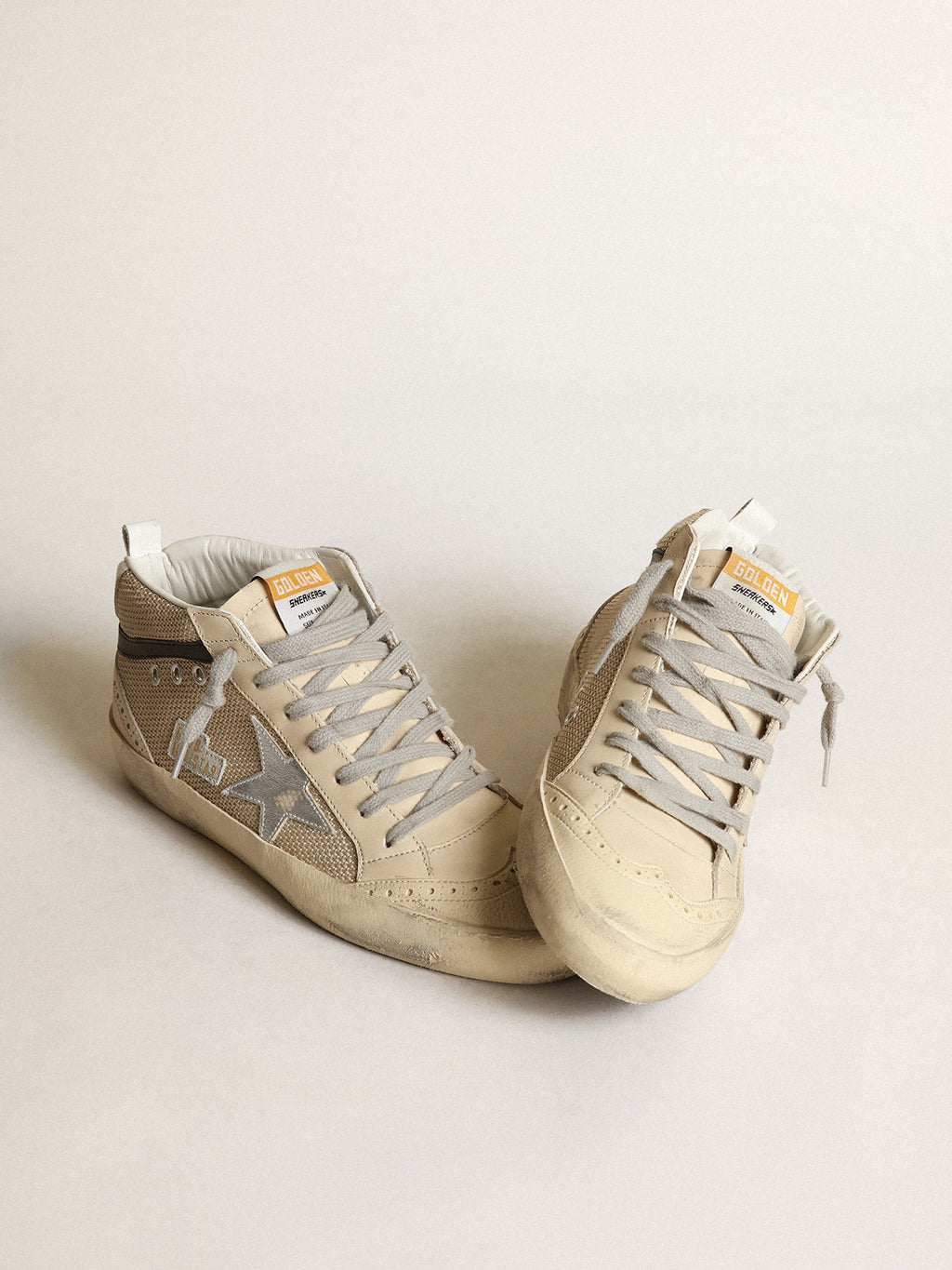 Women's Mid Star LTD in cream-colored mesh with silver star| Golden Goose