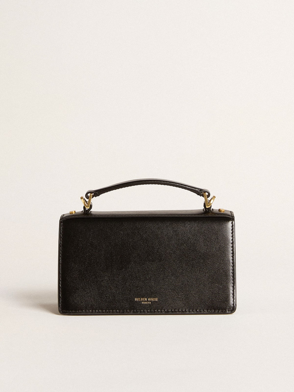 Small Venezia Bag in black boarded leather with gold details| Golden Goose