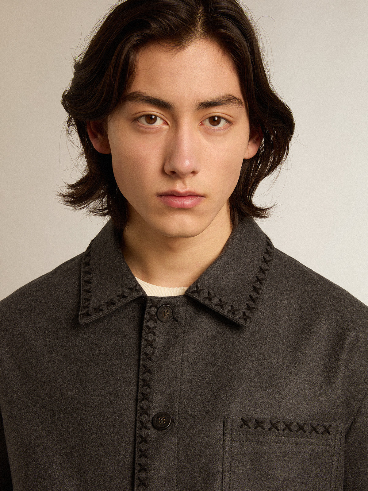 Gray melange woolen jacket with button fastening| Golden Goose