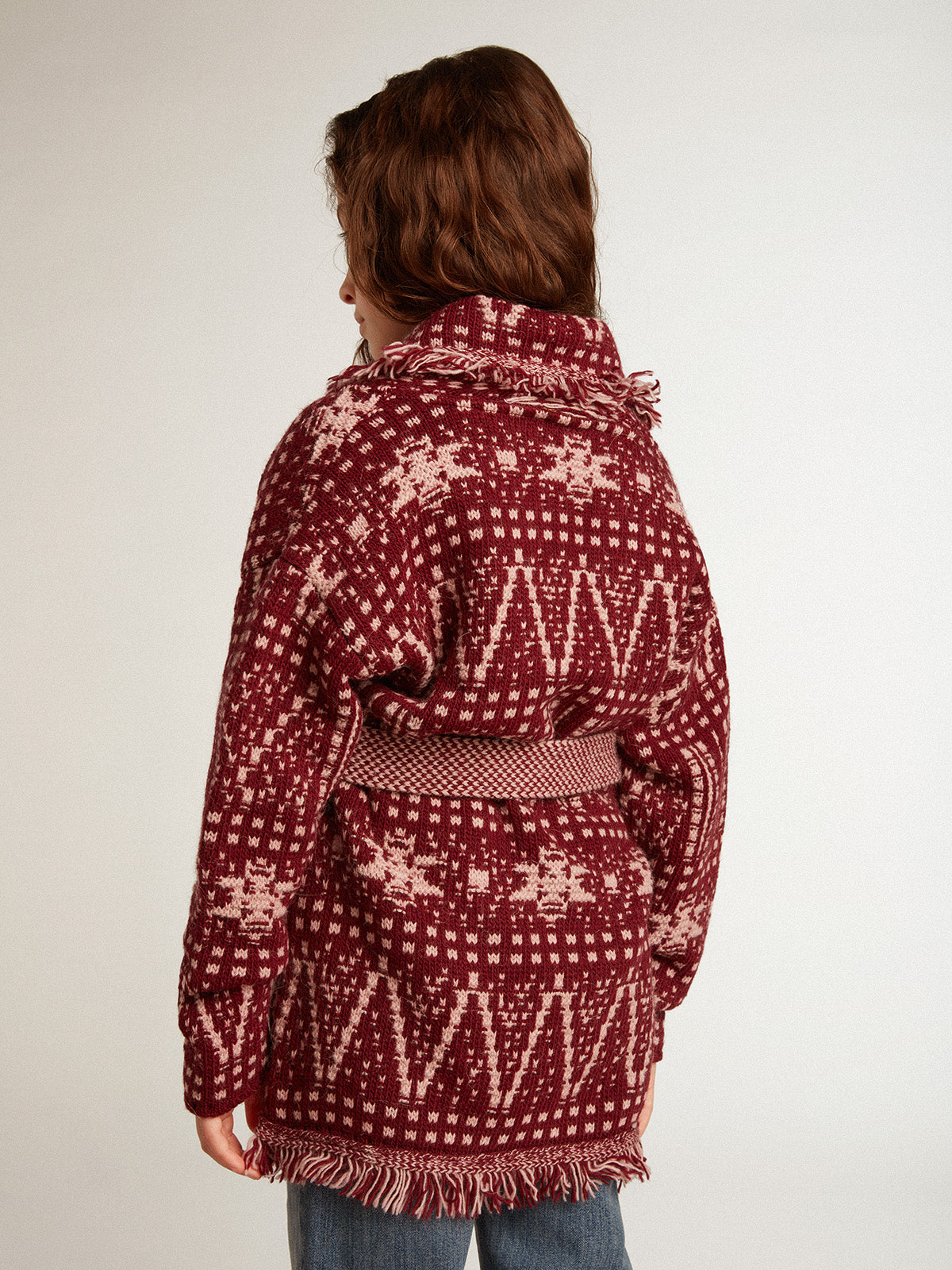 Girls' belted cardigan with burgundy Fair Isle motif| Golden Goose