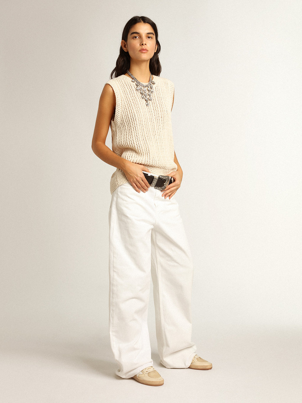 Papyrus-colored knitted sleeveless top| Golden Goose