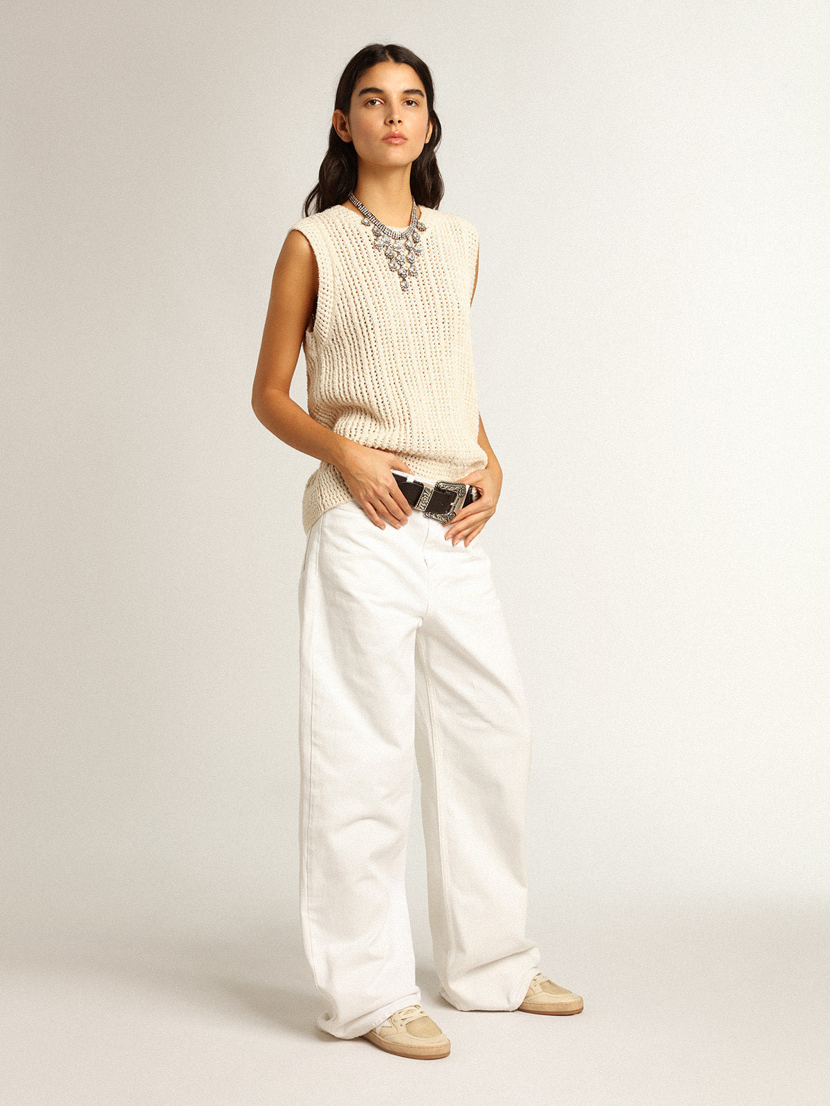 Papyrus-colored knitted sleeveless top| Golden Goose
