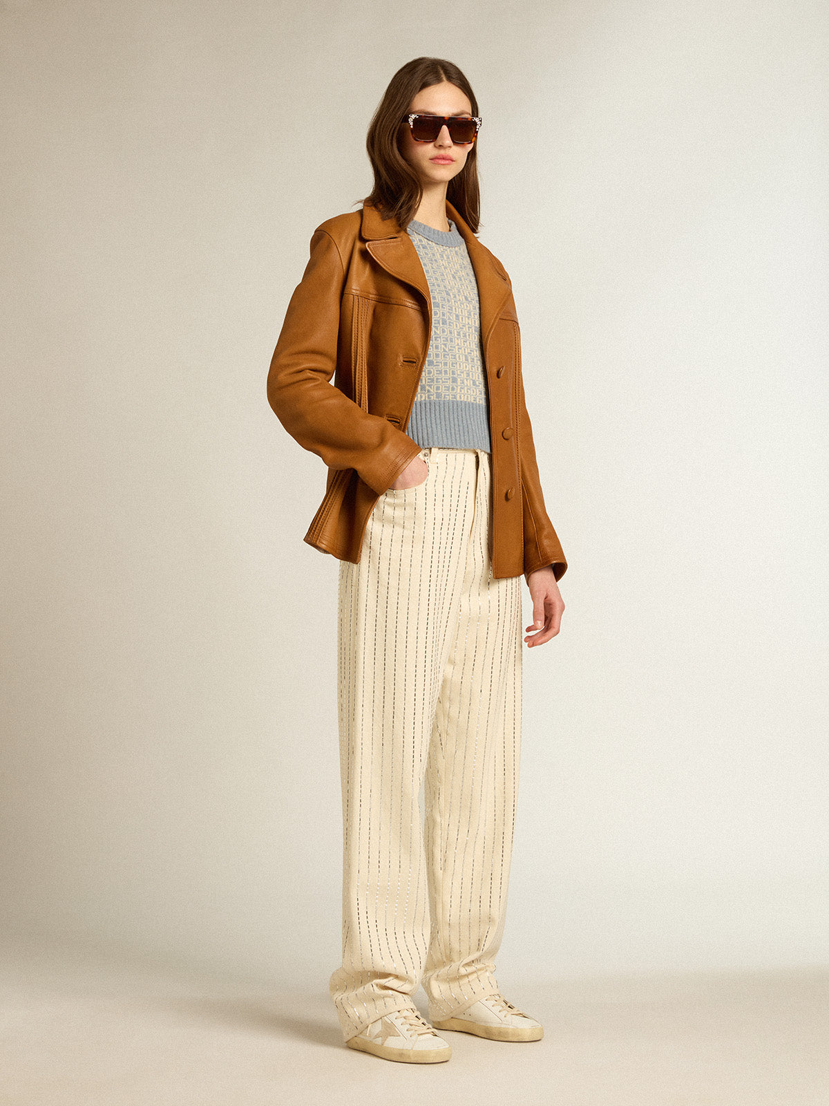 White pants with baguette-shaped studs| Golden Goose
