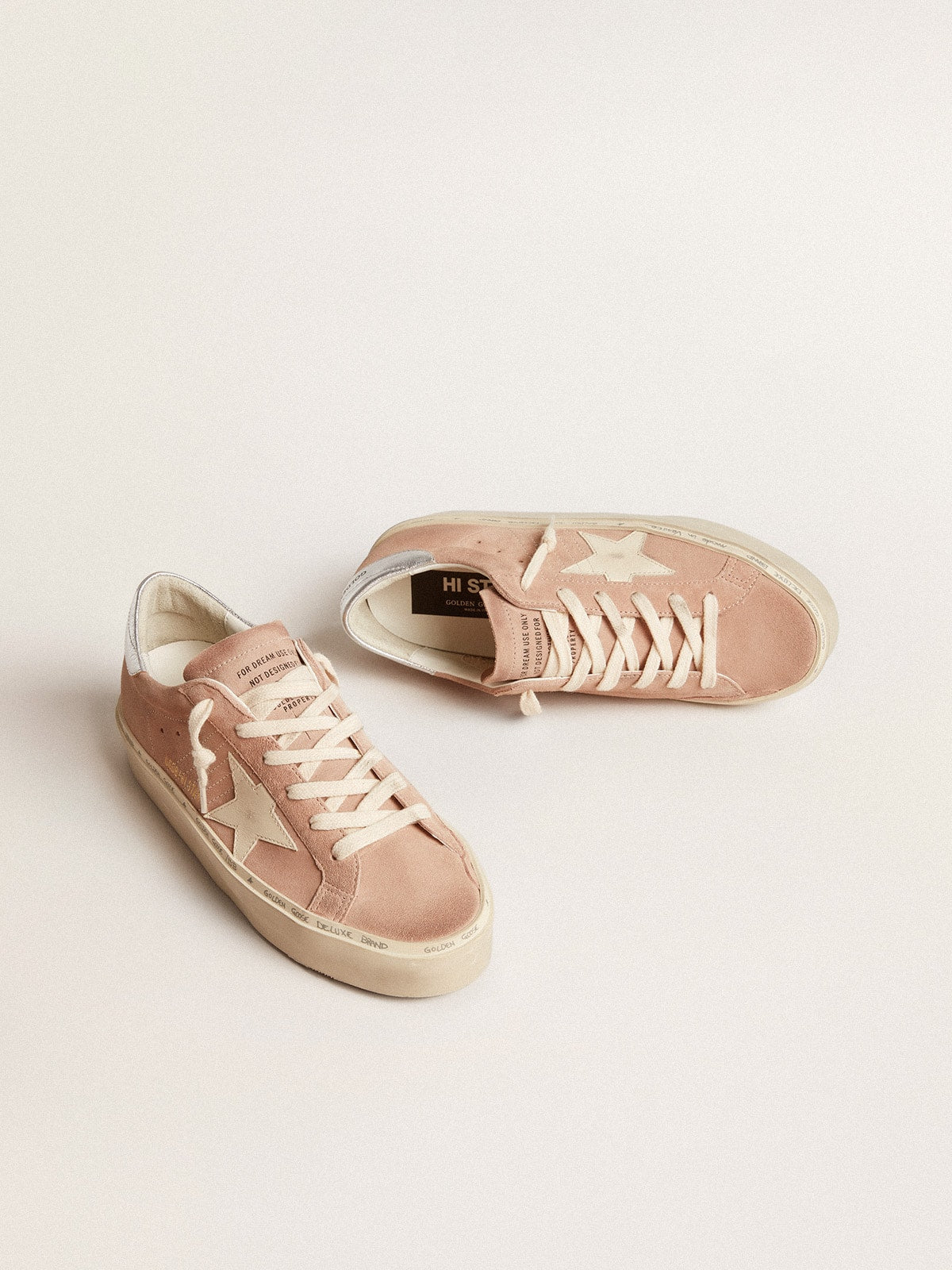 Women's Hi Star in pink suede with cream star and silver leather heel tab| Golden Goose
