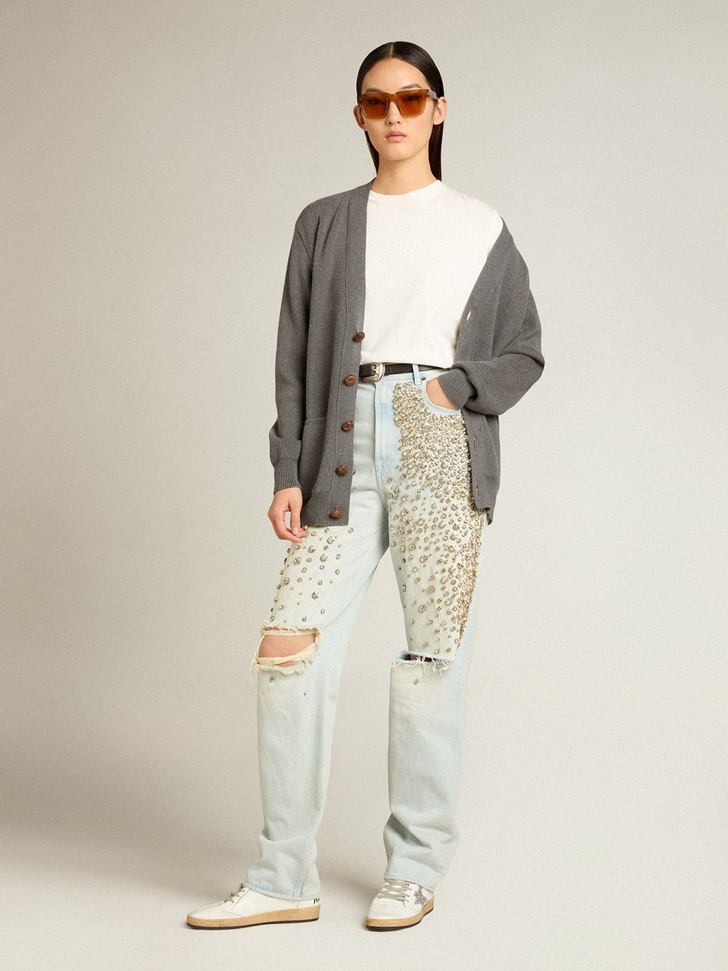 Women's bleached jeans with cabochon crystals| Golden Goose