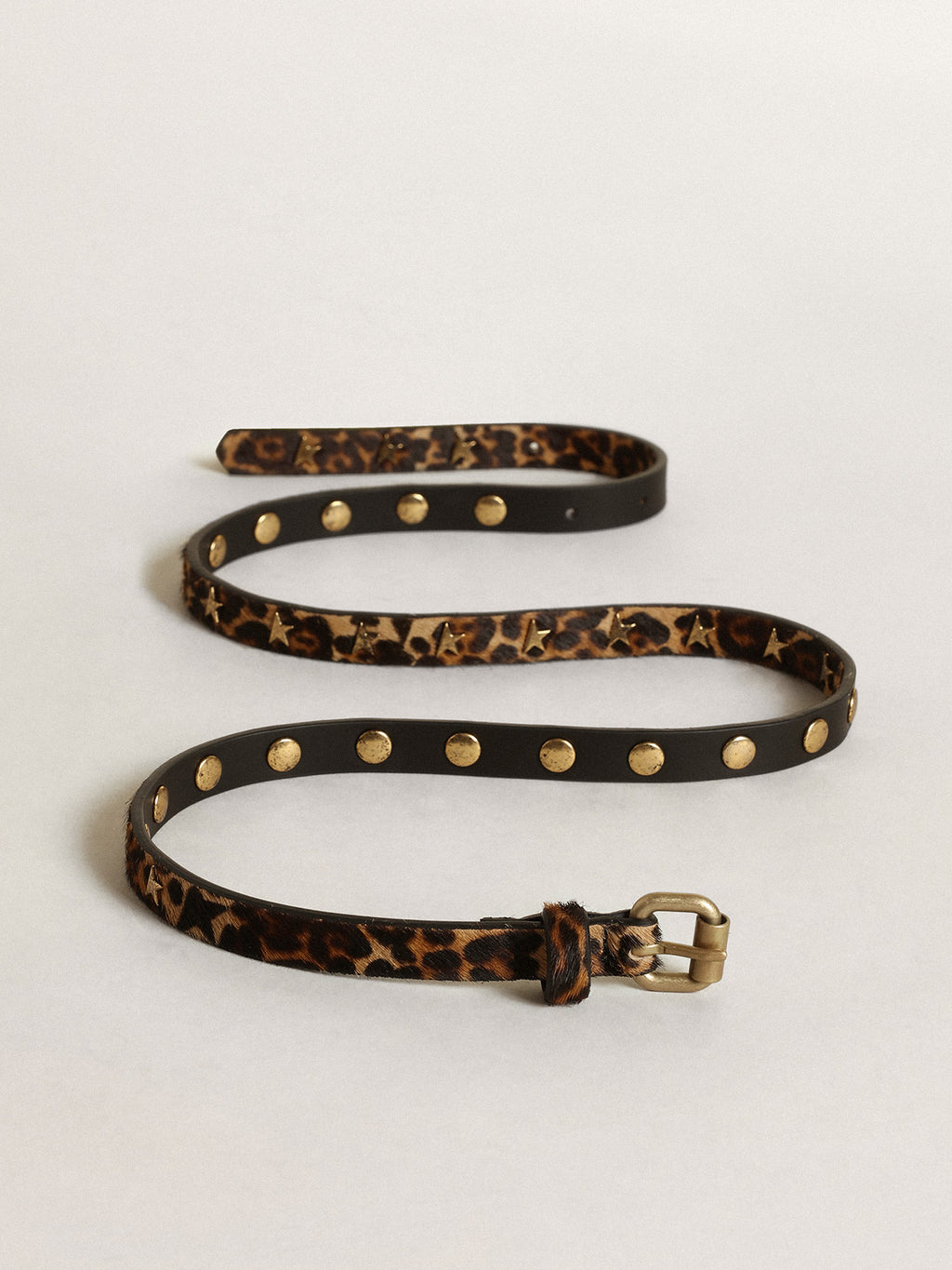 Women's belt in black and brown leopard print pony skin with studs| Golden Goose