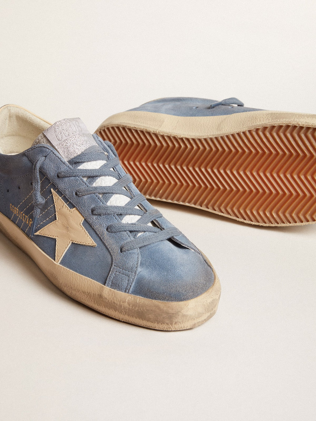 Super-Star in light blue suede with beige leather star and heel tab| Golden Goose
