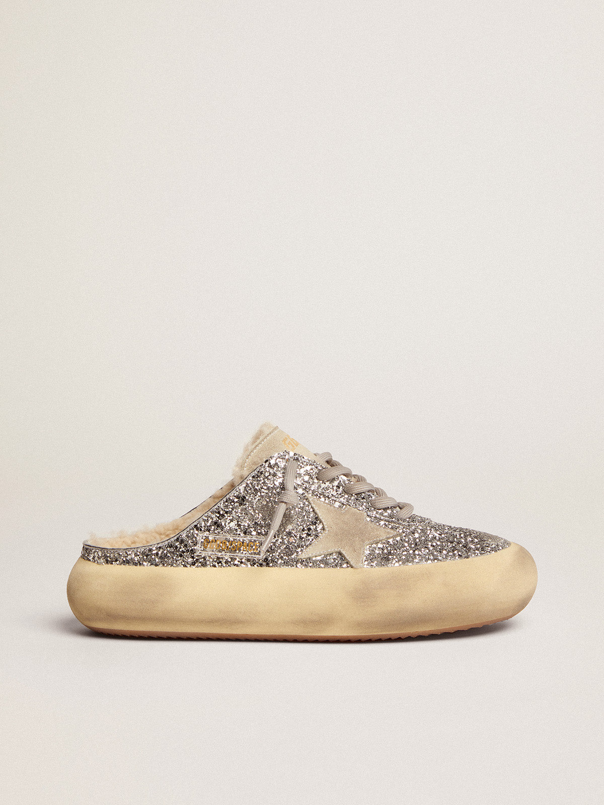 Women's Space-Star Sabot in silver glitter and shearling lining| Golden Goose
