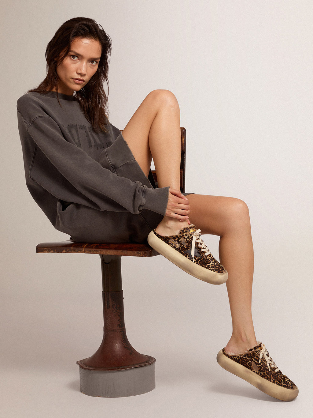 Women's Space-Star Sabot in animal print pony skin and shearling lining| Golden Goose