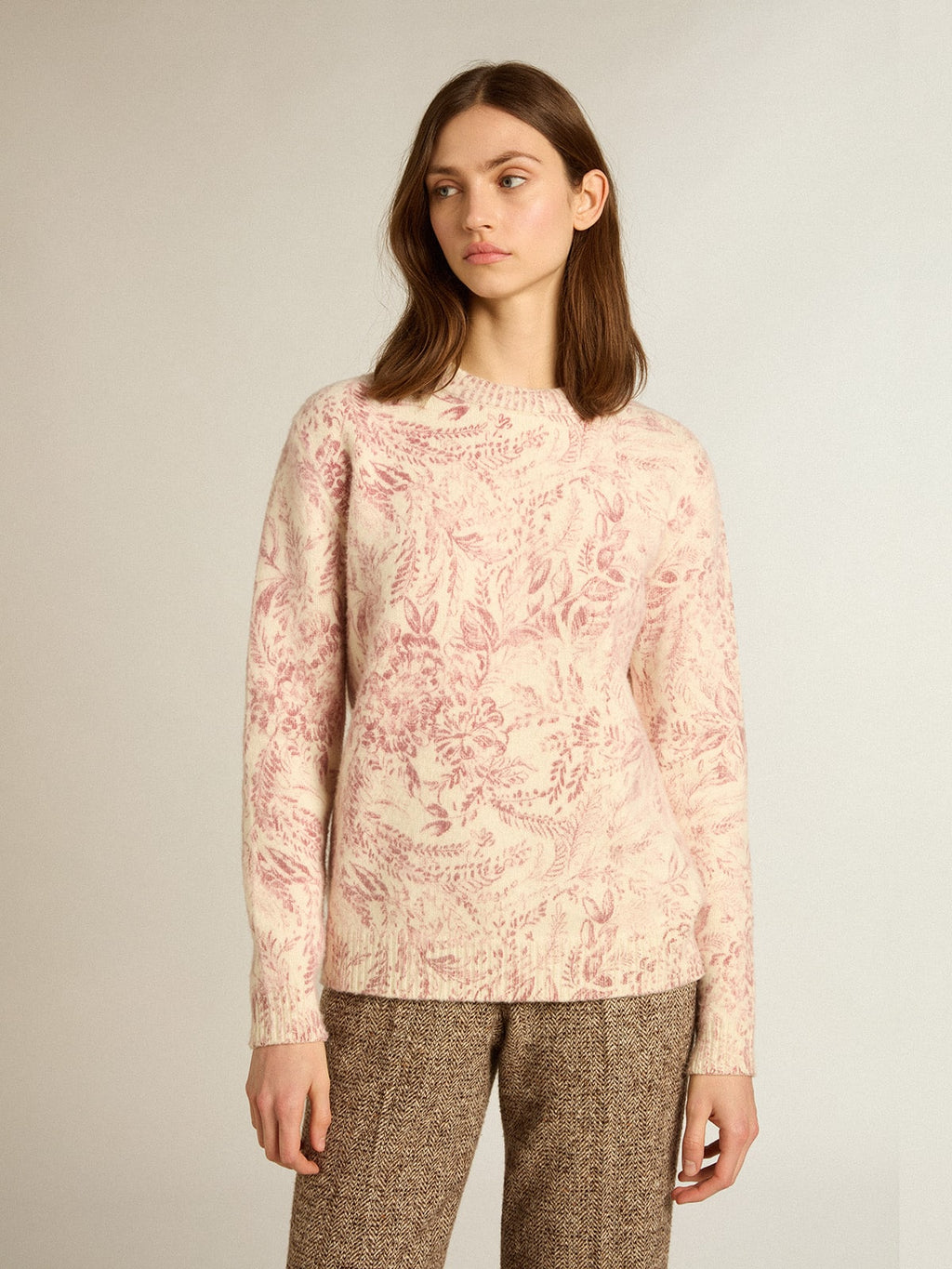 Women's round-neck sweater in wool with all-over toile de jouy pattern| Golden Goose