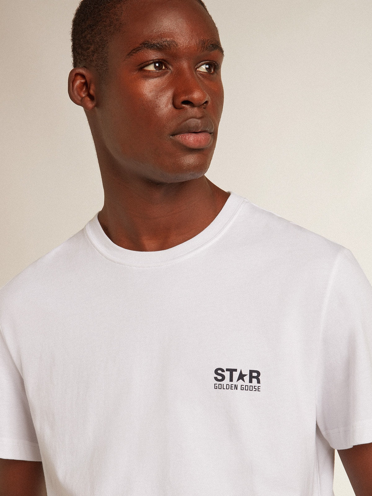 Men's white T-shirt with dark blue star on the back| Golden Goose