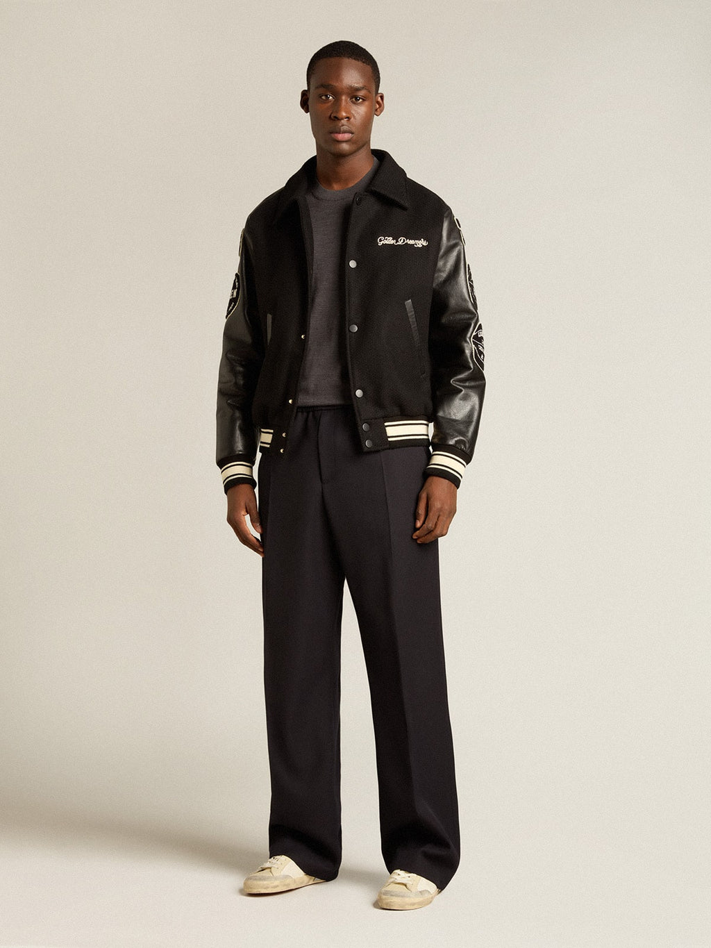 Men's round-neck sweater in dark gray mélange wool| Golden Goose