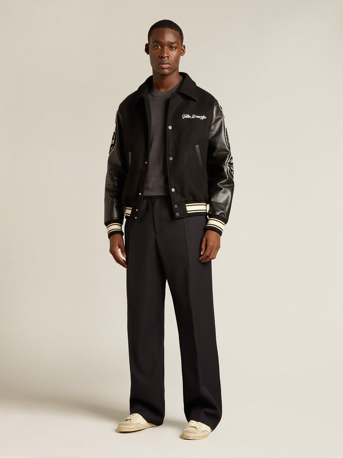 Men's round-neck sweater in dark gray mélange wool| Golden Goose