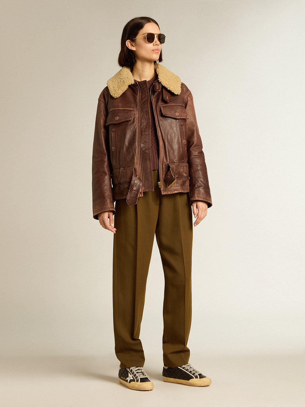 Cropped sweater in burgundy wool with crystals| Golden Goose