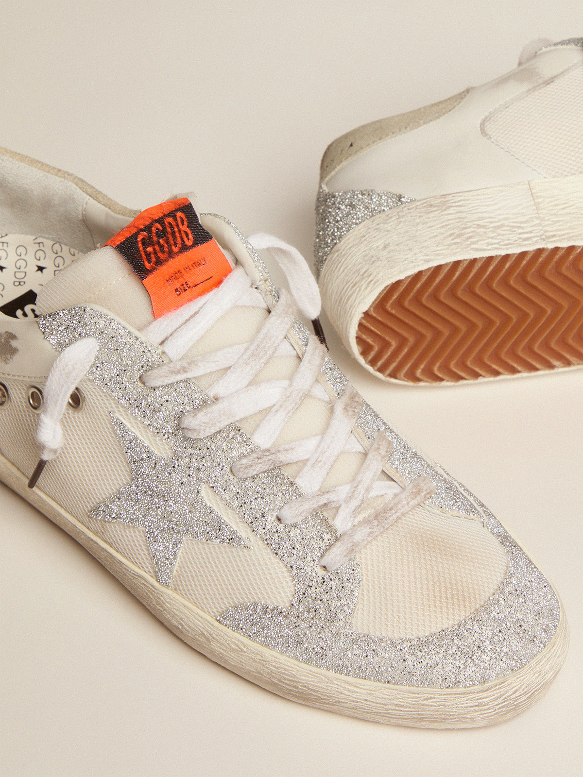 Super-Star LTD in white leather and mesh with star and inserts in silver Swarovski micro-crystals| Golden Goose