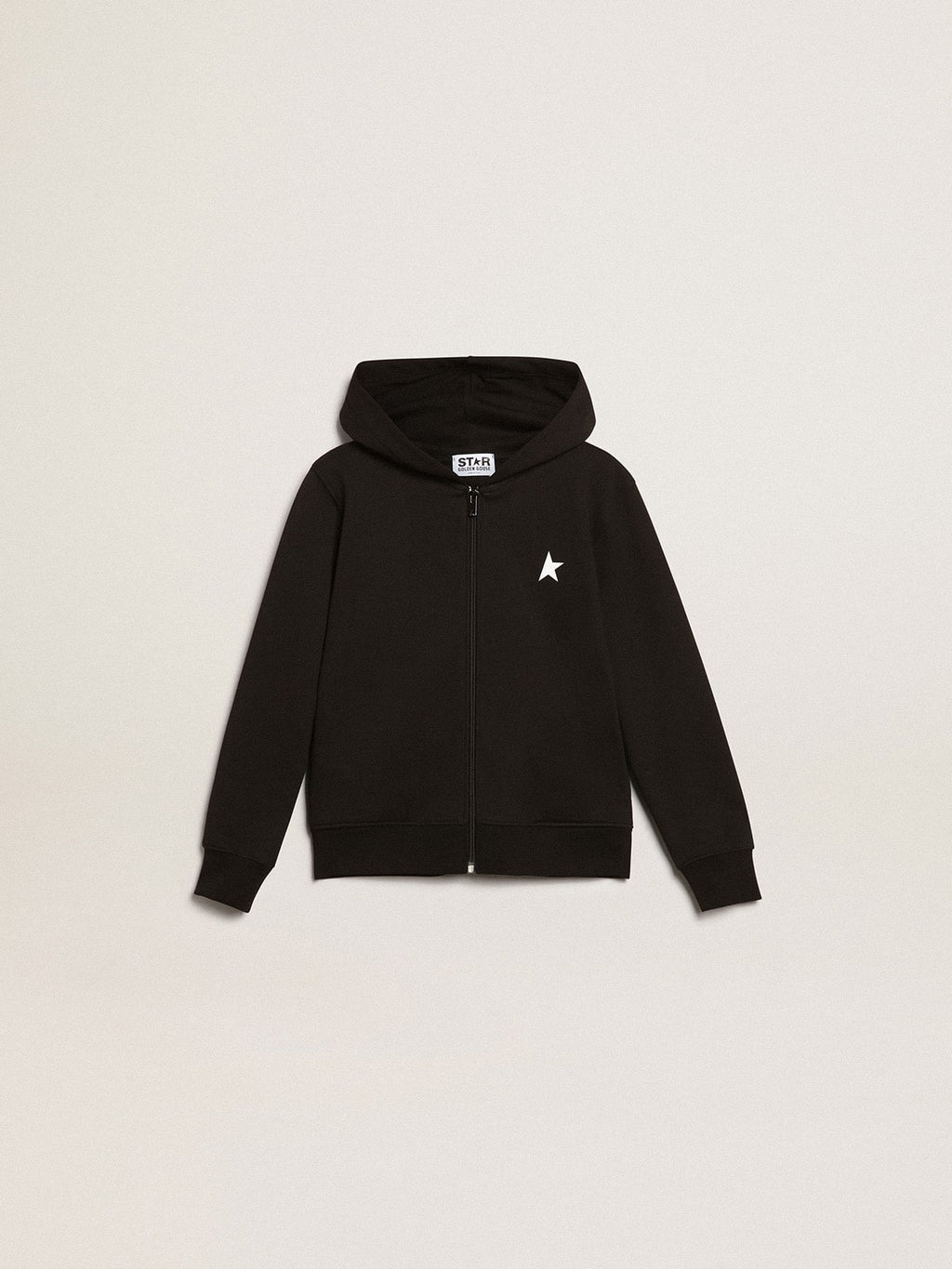 Black hooded sweatshirt with contrasting white star and logo| Golden Goose
