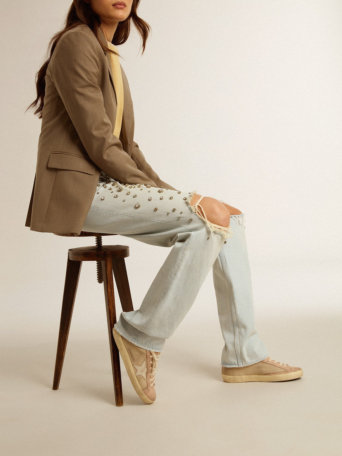 Super-Star LTD in white mesh and pink nubuck with Swarovski crystals heel tab| Golden Goose