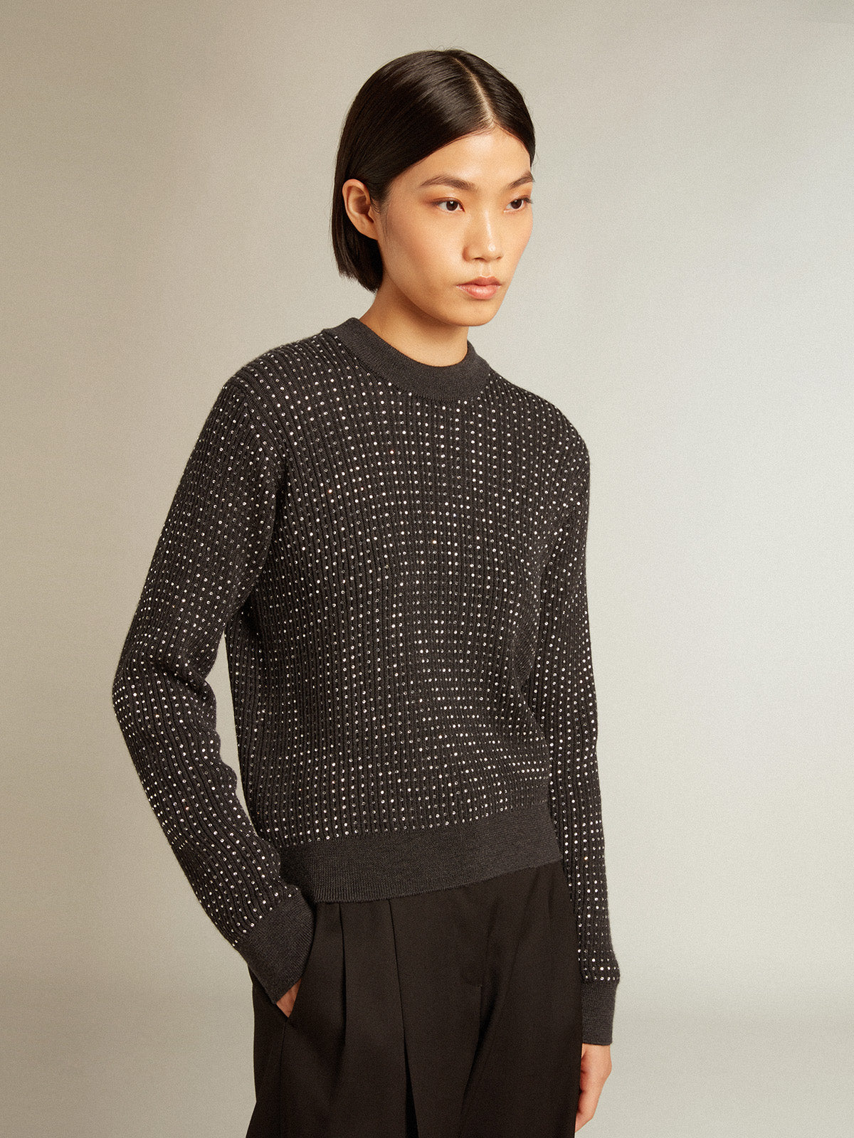 Round-neck sweater in merino wool with all-over crystals| Golden Goose