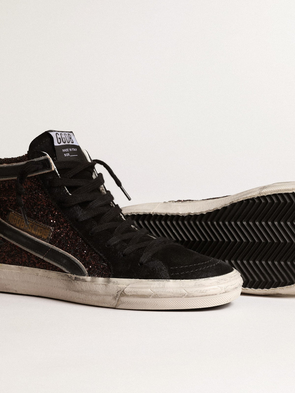 Slide in brown glitter with black leather star and flash| Golden Goose